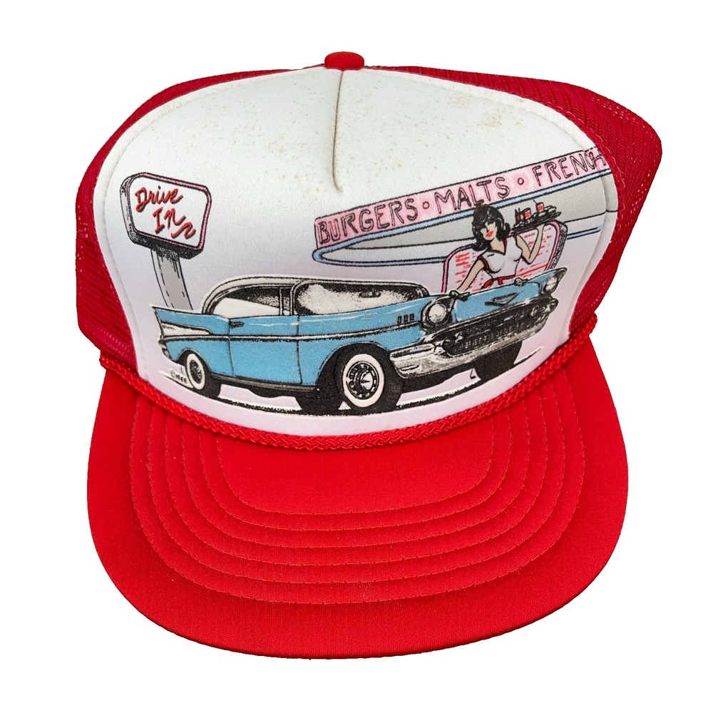 Vintage 57 Chevy Trucker Hat Cap Snapback Red White Drive In Car Show 80s 90s AZ